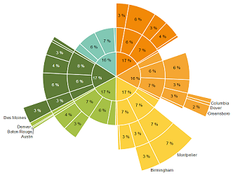 A sun burst pie chart showing geography and date and sales percentage in Dundas BI 太阳爆饼图地理日期销售