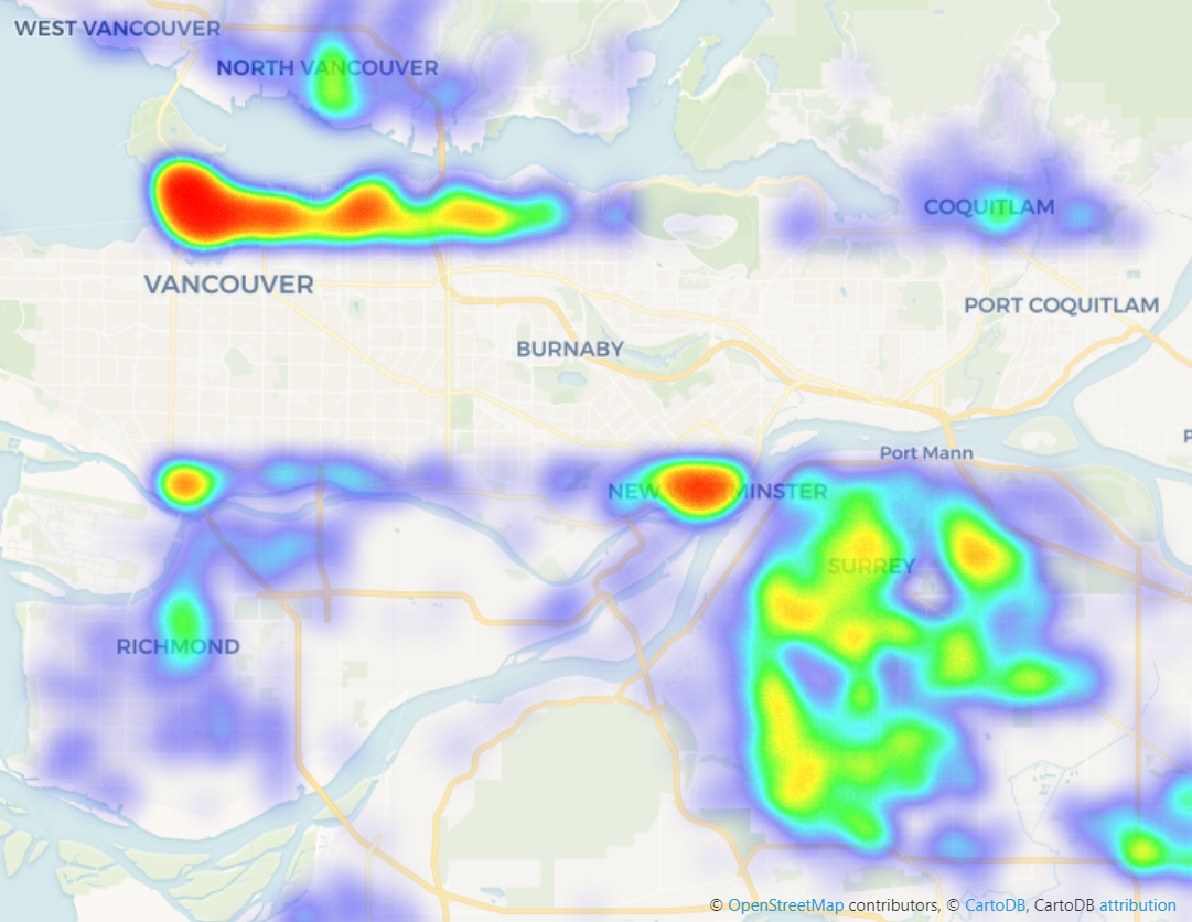 A heat map visualizing the neighborhoods around Vancouver with the most stolen vehicle events. 通过最具偷偷的车辆活动,可视化温哥华周围的邻居的热图。